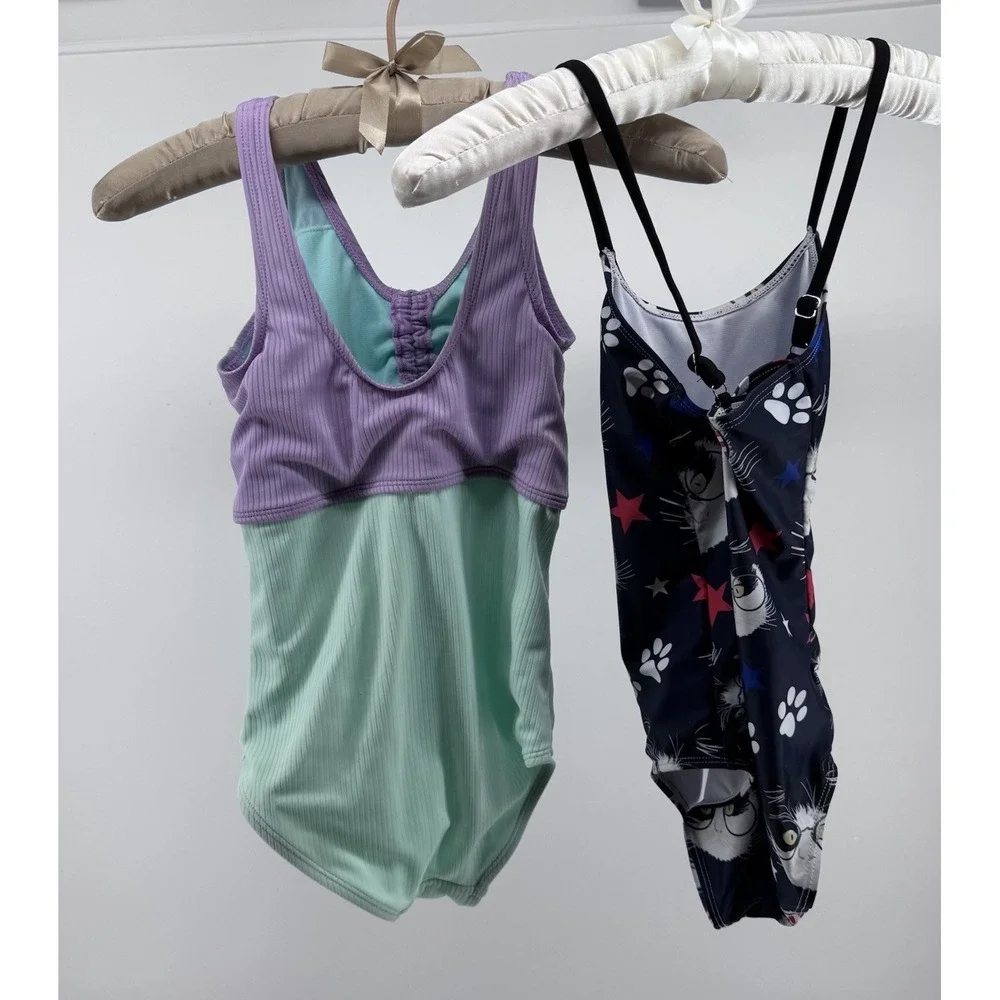 Lot of 2 Girls Swimsuits Size 10 Justice Cat One Piece Purple Patriotic Beach